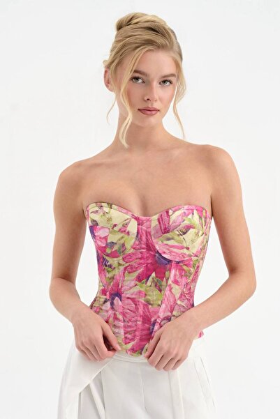 tw3 Women's Corset with Covered Bust Part and Floral Fabric Detailed Design