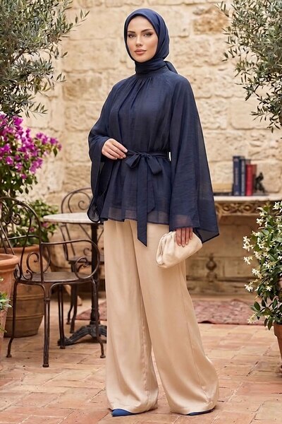TOFİSA Kuşaklı C yaka Salaş Tunik Lacivert - 28773-LACIVERT