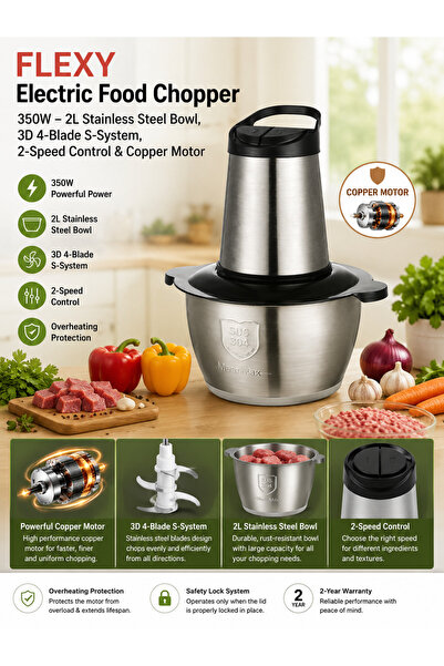 flexy Electric Food Chopper 350W – 2L Stainless Steel Bowl, 3D 4-Blade S-Syst...