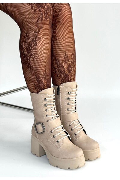 ALFA AKSESUAR 03 Linma Beige Nubuck Lace-Up Heeled Boots