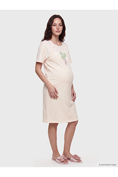 LC Waikiki Nevavm Oval Collar Printed Maternity Nightgown with a Difference