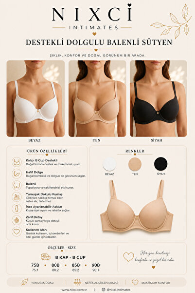 nixci intimates Nixci Supported Padded Underwire Bra B Cup Push up Gathering Soft Textured Adjustable Strap White Skin Black 75-90