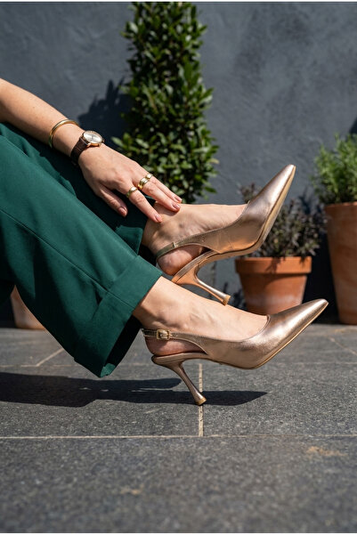 Belluro Women's Gold Color Pointed Toe Thin Heeled Slingback Shoes with Buckl...