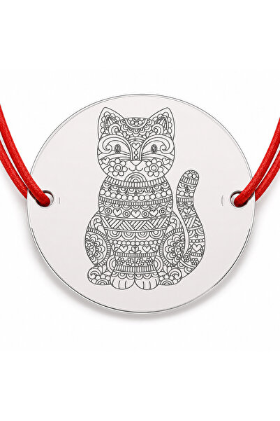 Simoshop Brățară argint 925 cu bănuț pisică mandala cu ornamente fine, șnur r...