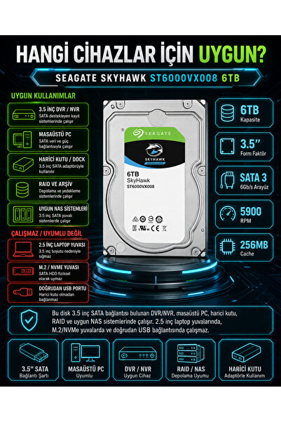 DİSK BANK 6 TB SKYHAWK 3.5 İnç ST6000VX008 Kamera, DVR ve NVR Kayıt Sistemi D...