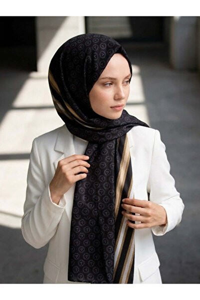 Vissona %100 Saf İpek Şal İnce Saten Vual Dokuma Monogram Ve Şerit Desenli 90...