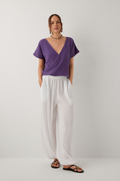 İpekçi Otantik Mare Crinkle Elastic Cuff Tencel Cotton Trousers White