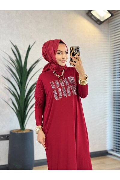 ALANURMODA 24234-1 فستان من القطن الممشط مطبوع عليه نصوص حجرية من الأمام بالل...