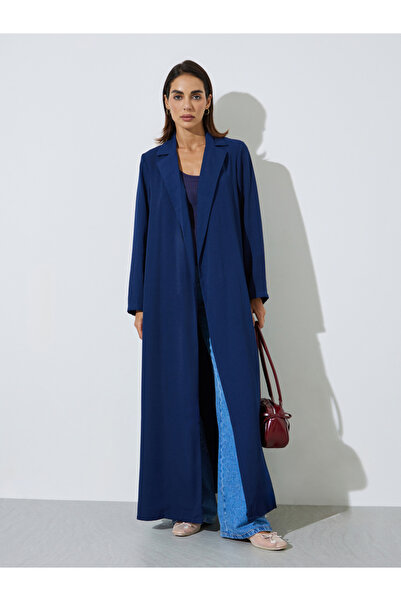 Amirah By Styli Navy Blue Front Open Abaya with Blazer Collar