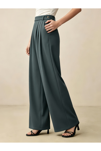 Take Two By Styli Charcoal Fold Pleat Wide Leg Pants