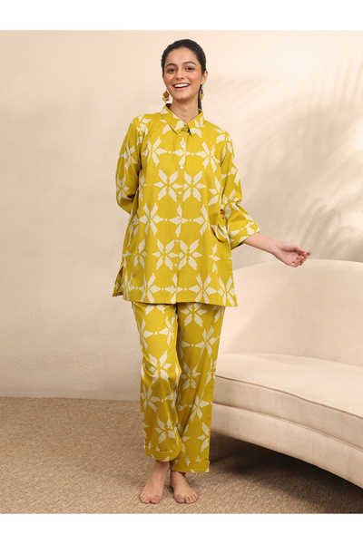 Libas By Styli Mustard Floral Print Shirt and Pants Set