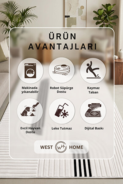 West Home Makinede Yıkanabilir Kaymaz Taban Leke Tutmaz Dijital Salon Mutfak Balkon Halısı ve Yolluk