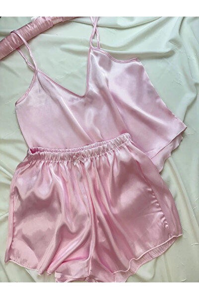 SOFT AURA Tozpembe saten ip askılı şortlu pijama takımı