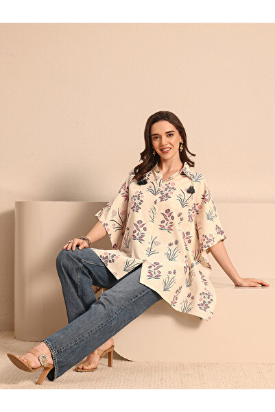 Libas By Styli Off White Floral Cotton Shirt