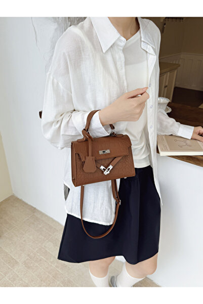Take Two By Styli Brown Croc-Embossed Crossbody Bag