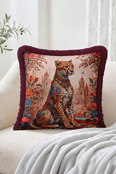 Realhomes Leopard Figured Fringed Cushion Cover with City View and Floral and...
