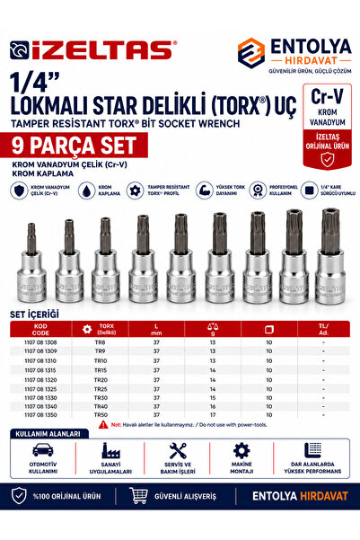 İzeltaş 1/4" Lokmalı Star Delikli (Torx) Uç Seti 9 Parça Delikli Torx Lokma T...