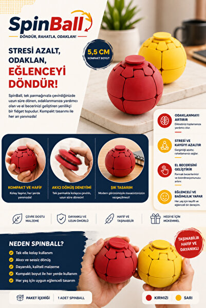 SürLaz SpinBall 2'li Sarı-Kırmızı Stres Topu & Stres Çarkı – El Egzersiz Topu...