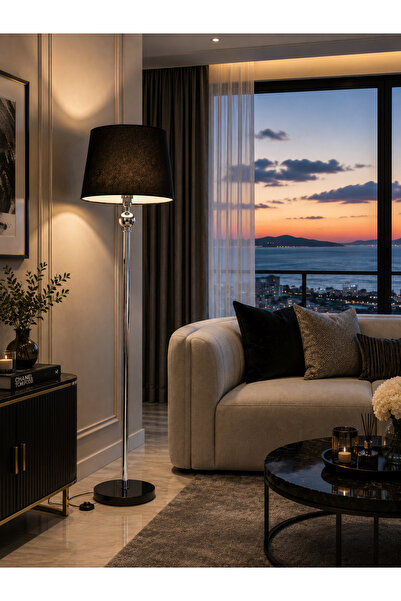 LUXERRA Modern Krom Tek Ayaklı Lambader Siyah Kumaş Şapkalı Metal Gövdeli Sal...