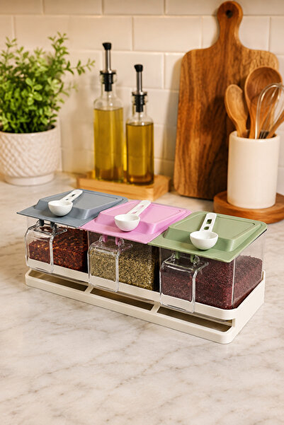 Binbirreyon Triple Stand Spice Rack with Spoon and Open Lid 24cm 7 Pieces Rd192