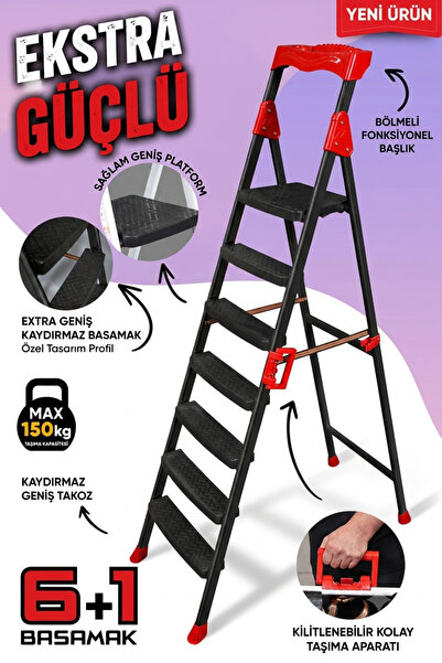 ZE Zigana Ev Gereçleri Elegance Siyah 6+1 geniş basamaklı ekstra sağlam katla...