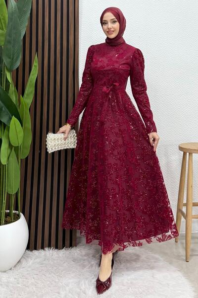 GİYZAMİLA Anastasia Tül Abiye Bordo