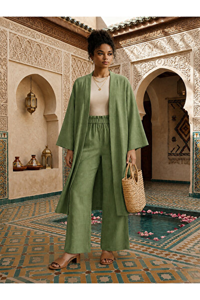 BELUNA TEKSTİL Cotton Linen Fabric Lower and Upper Kimono Set