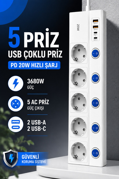 RAYLAX 5'li Akım Korumalı Priz 3680W 16A PD 20W Hızlı Şarjlı 2 USB-A 2 USB-C ...