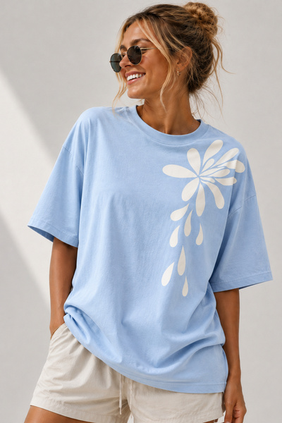 ArtYus Minimal Floral Printed Crew Neck Casual Unisex Oversize T-Shirt - Flor...