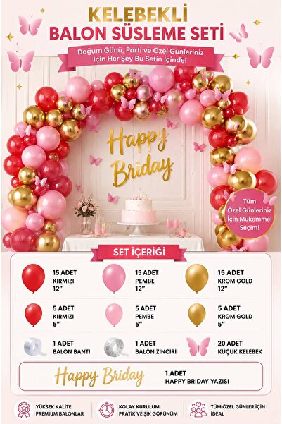 Genel Markalar Doğum Günü Kelebek Konsepti Balon Süsleme Parti Seti Happy Bir...