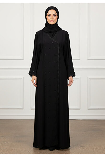 Nukhbaa Fatima Wrap-Style Scattered Bead Abaya | Nida Fabric