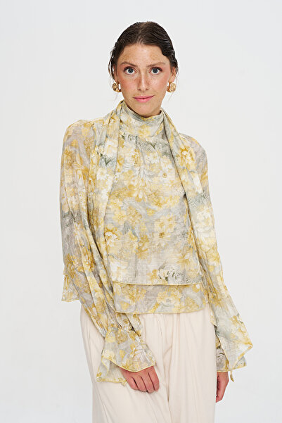 Orfeo Negro Women's Floral Patterned Yellow - Green Blouse with Tie Detail