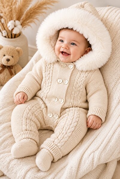 Pure Boutique Combinezon bebe iarna cu gluga si blanita tricotat gros crem un...