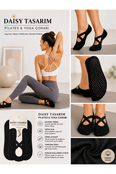 Daisy Pamuk Kadın Pilates ve Yoga Çorabı – Kaymaz Silikon Tabanlı Çapraz Bant...