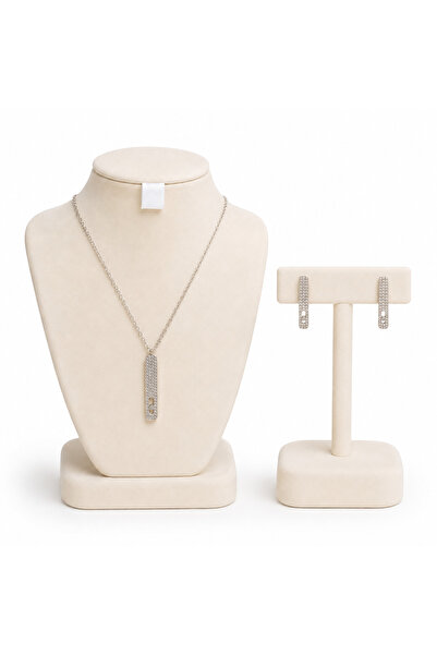 BELLA CİAO Silver-Tone Minimalist Bar Crystal Necklace & Earrings Set