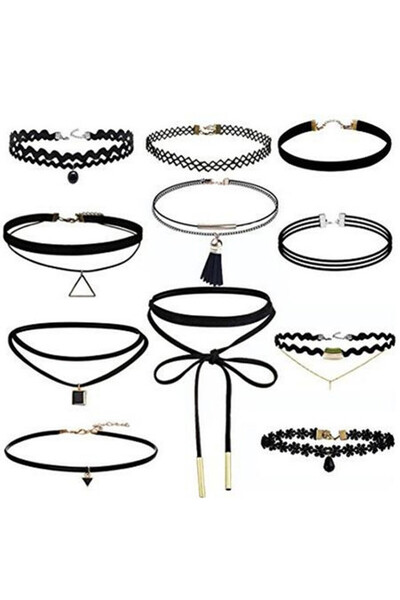 VeeShop Set 11 coliere choker, catifea, dantela, flori, canaf