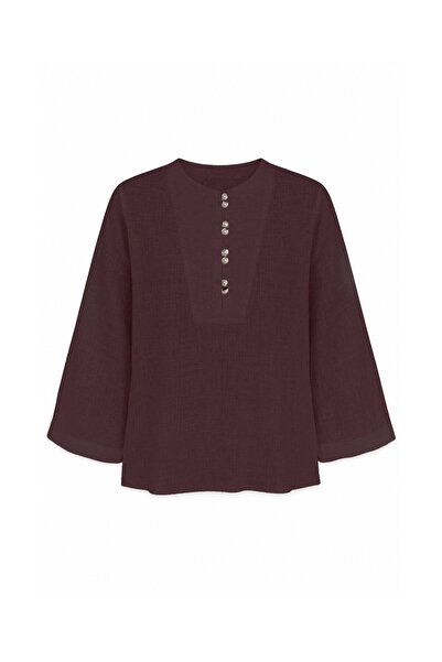 praye Double Button Linen Blouse Burgundy