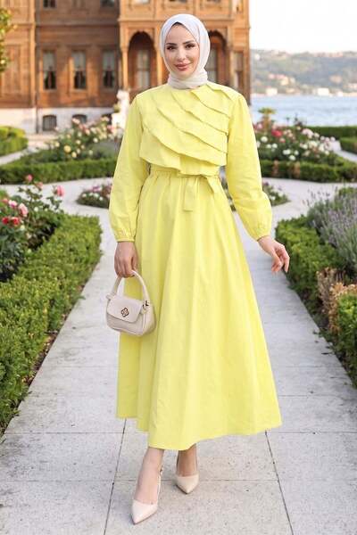 hafsamina Layered Detailed Elastic Waist Belted Dress Yellow Hm2947