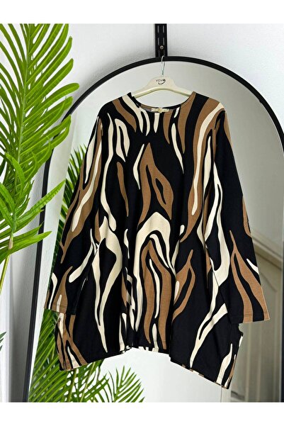 ÖZNE BUTİK Plus size women's 100% cotton patterned bicycle neck combed tunic
