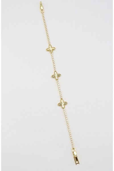 Siona Kuzey Yıldızı Gold Üçlü Yonca Zirkon Taşlı Çelik Bileklik (16+2 cm)