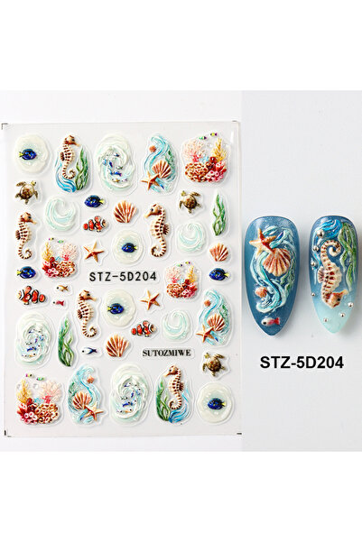 Choice1 STZ-5D204 Summer Ocean 5D Nail Embossed Stickers Seaweed Coral Shell ...
