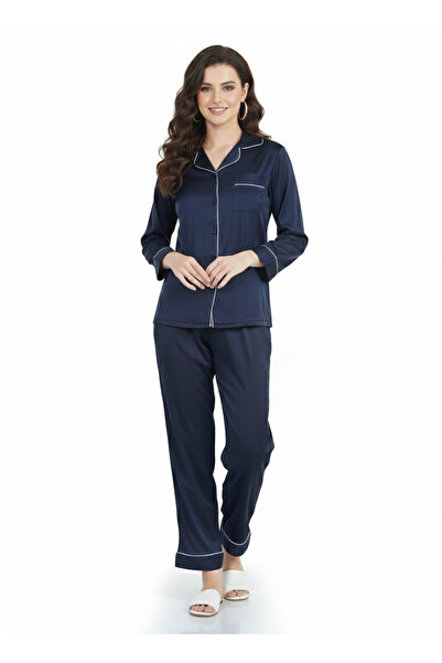 RIZQE Midnight Navy Satin Nightsuit | Premium Rizqé by Zadine Deep Blue Pyjam...