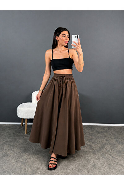 My Blog Brown Elastic Waist Poplin Skirt - E1012