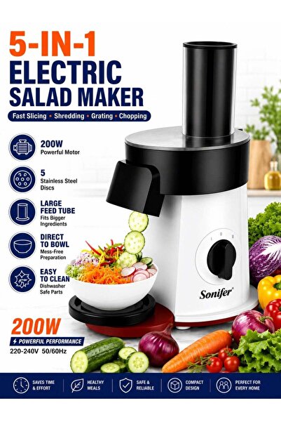 Sonifer 5-in-1 Electric Salad Maker with 200W Motor, 5 Stainless Steel Cuttin...