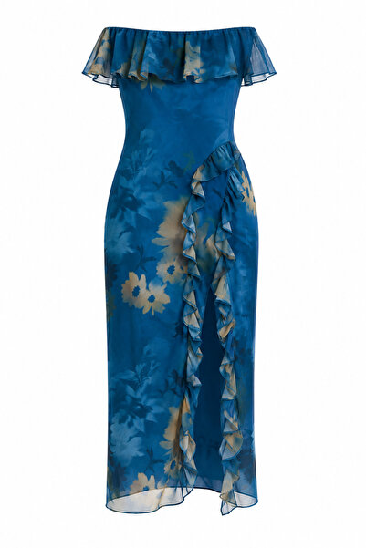 Laluvia Blue Strapless Side Slit Ruffled Chiffon Dress - 4235