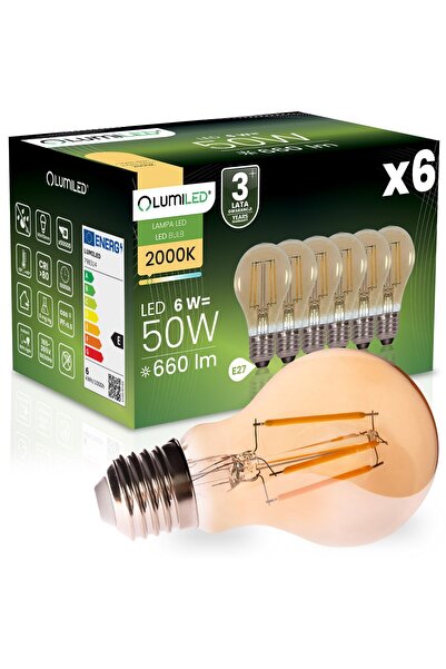 Lumiled 6x Bec LED E27 A60 6W 660LM = 50W 2000K Cald 360 °   Filament de chih...
