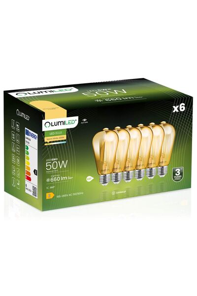 Lumiled 6x Bec LED E27 Edison ST64 6W = 50W 660lm 2000K Cald 360 °   Filament...