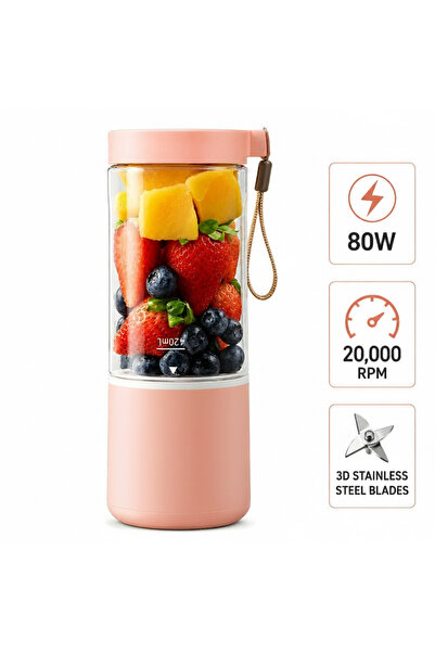 Generic Mini Blender Electric Portabil 80W, Acumulator 4000 mAh, Roz, 420ml