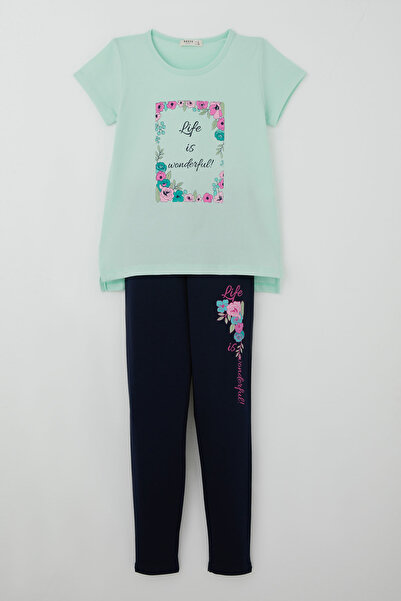 Breeze Girl's Tights Set with Floral Print, Ages 5-10, Water Green