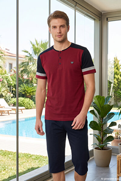 REMSA Men's Short Sleeve Capri Single Jersey Fabric Pajama Set 1765 Claret Red